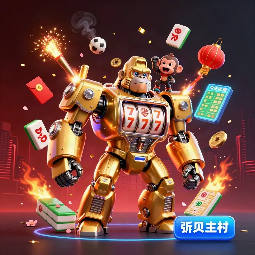 Golden gorilla mech with monkey pilot amid neon casino effects, sports balls, lanterns, and lucky symbols
