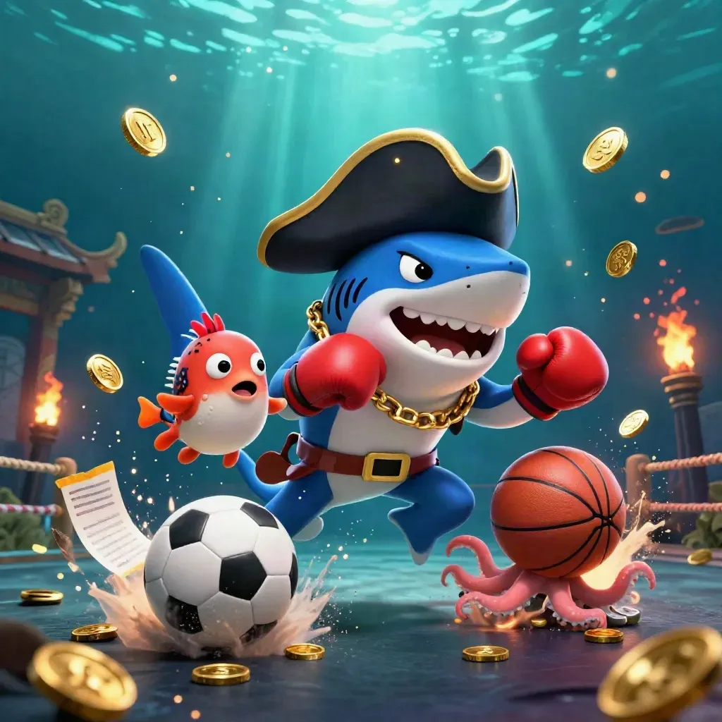 Pirate shark, boxing pufferfish, and juggling octopus amid coins, sports balls, and glowing casino effects.