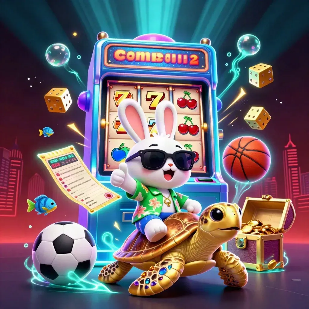 Lucky rabbit rides a golden turtle as casino symbols and sports balls burst in neon light.