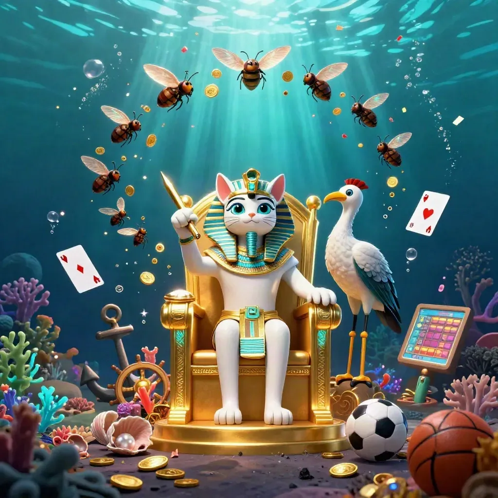 Pharaoh cat on golden throne with ibis scribe and gem-winged scarabs in neon underwater treasure cove.