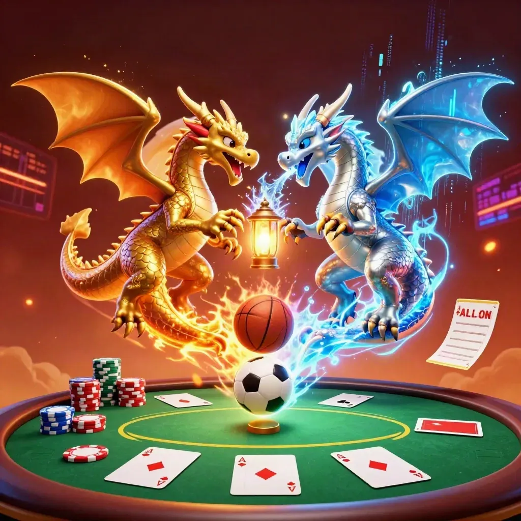 Gold and silver dragons spiral over cards, chips, balls, and neon sportsbook energy.