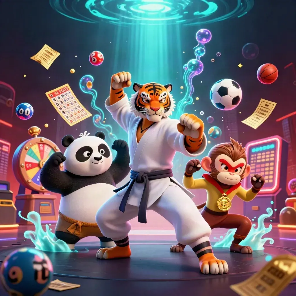 Kung-fu tiger, panda and monkey amid casino props, glowing odds elements and neon light.