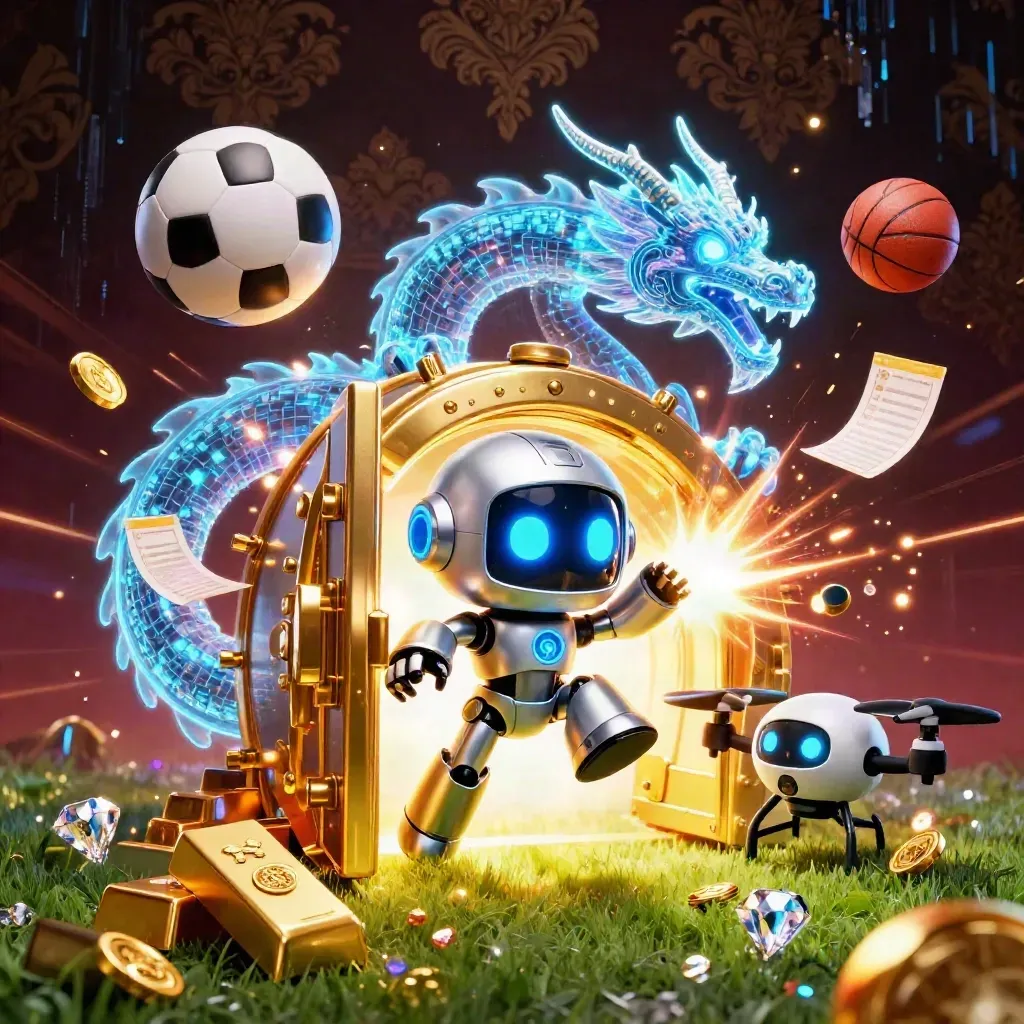 Cyberpunk robot, holographic dragon, drone, vault burst, balls, gold, neon casino key art