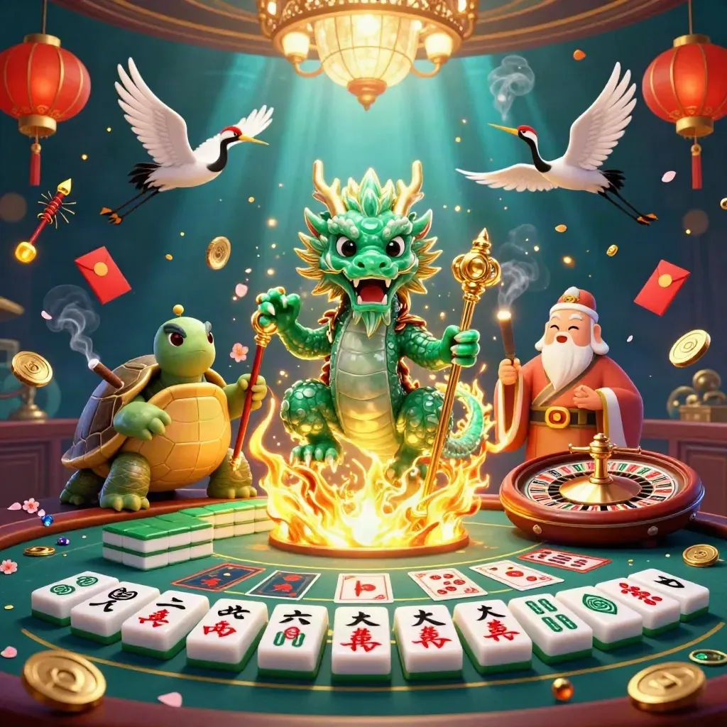 Jade dragon, turtle sage and cranes in a neon casino room with spinning wheel, cards and golden fire.