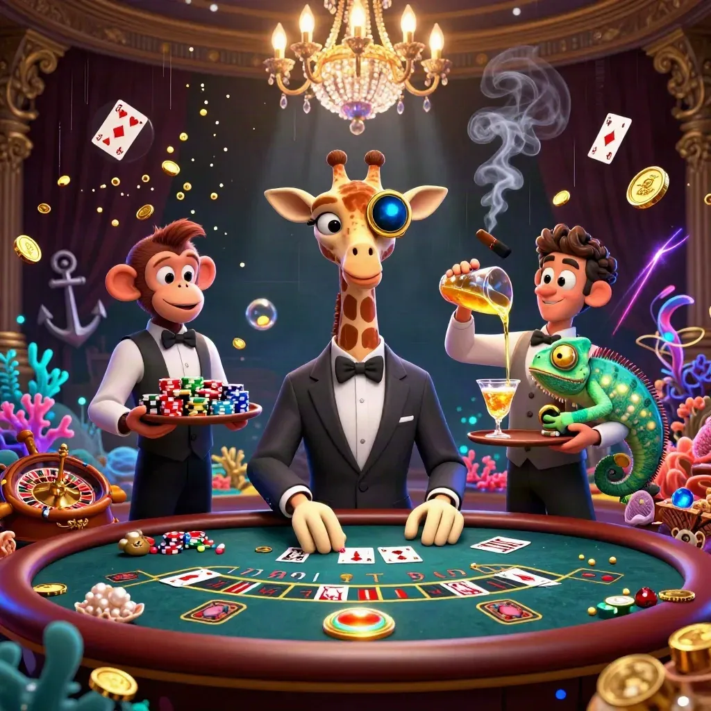 Giraffe, monkey, and chameleon in a luxe casino scene with gold coins, coral, and neon effects.