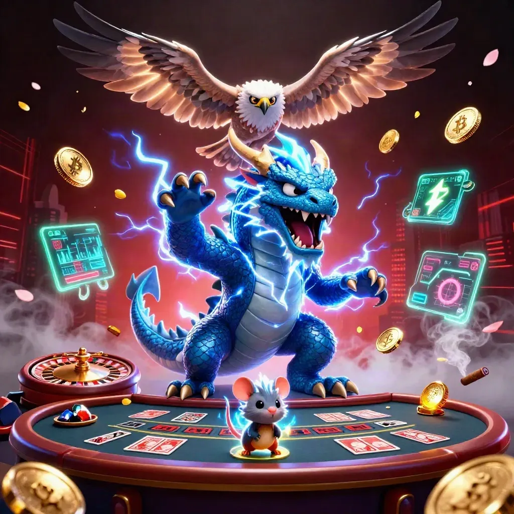 Electric dragon, hawk, and thunder-mouse in a luxe casino room with glowing coins and lightning.