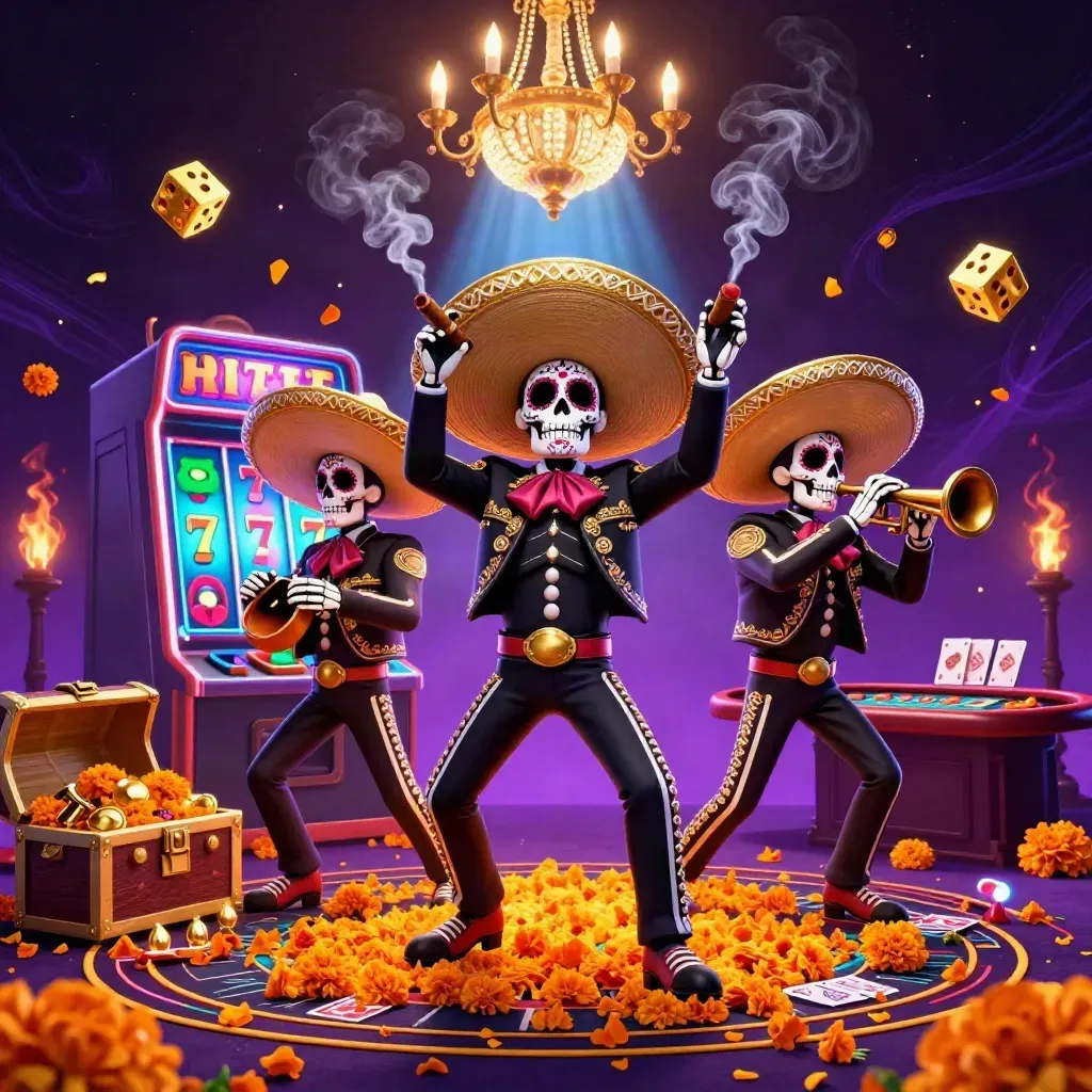 Skeleton mariachi trio amid slot bursts, dice, roulette, and neon casino magic