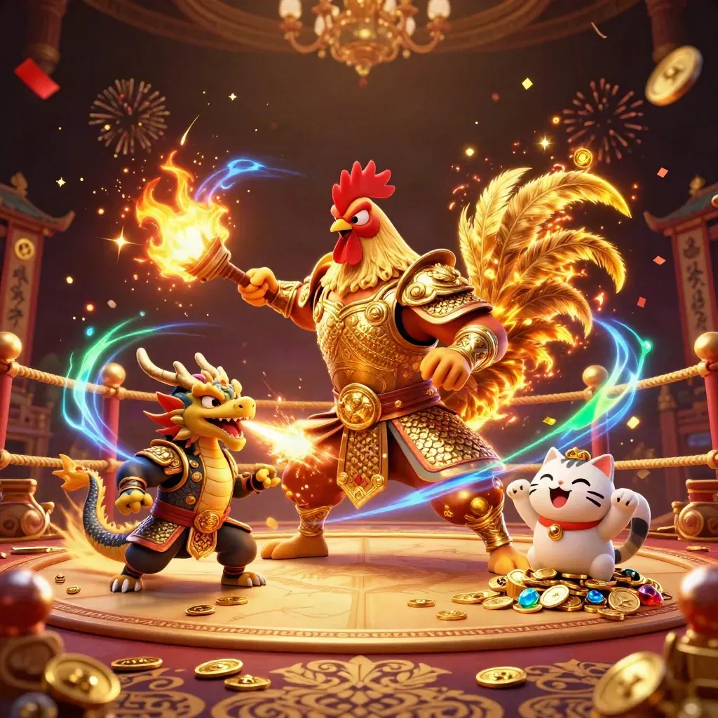 Rooster samurai, dragon hatchling, and fortune-cat amid treasure bursts in neon blue casino fantasy
