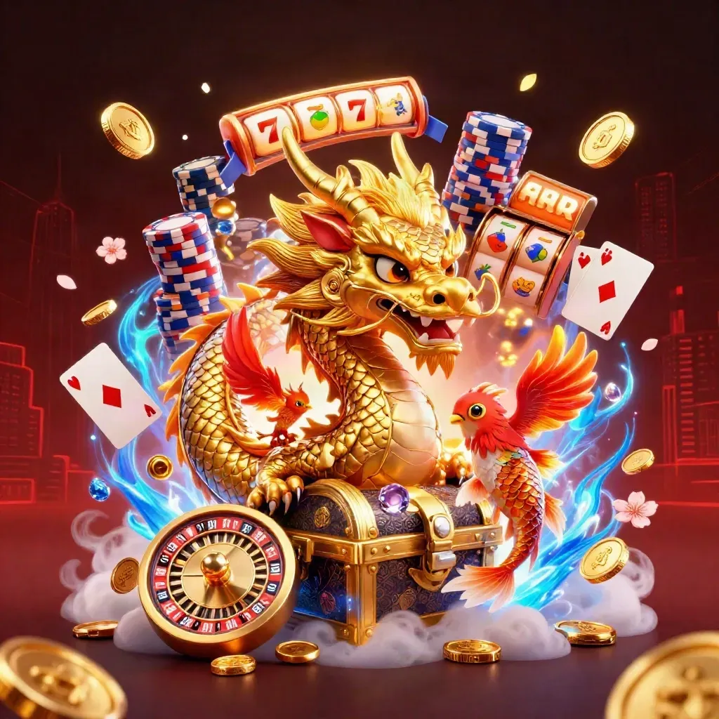 Golden dragon with phoenix and koi bursts from a chest amid chips, cards, roulette, and blue glow.