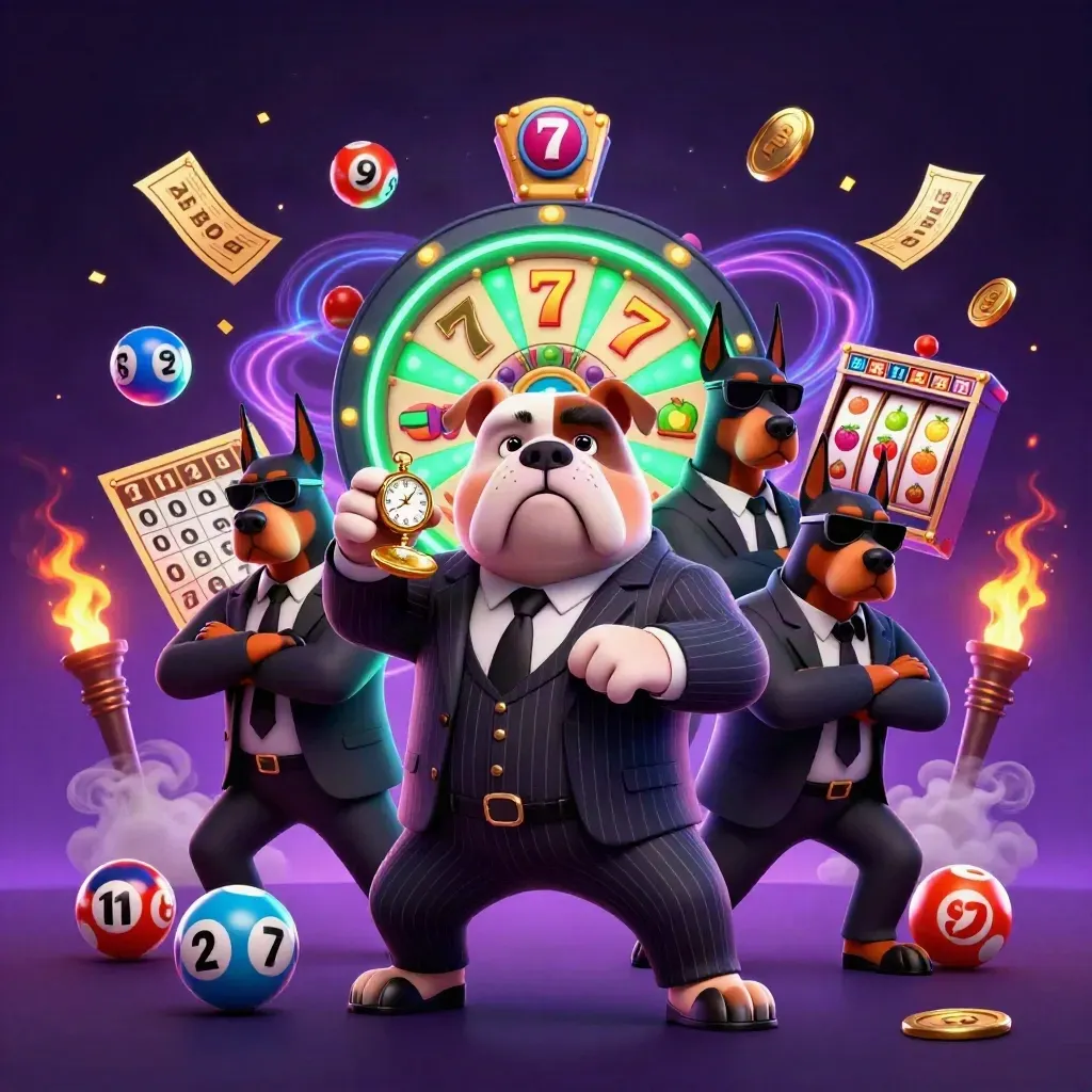 Cartoon bulldog boss and two Dobermans burst amid casino tokens, reels, and neon green energy.