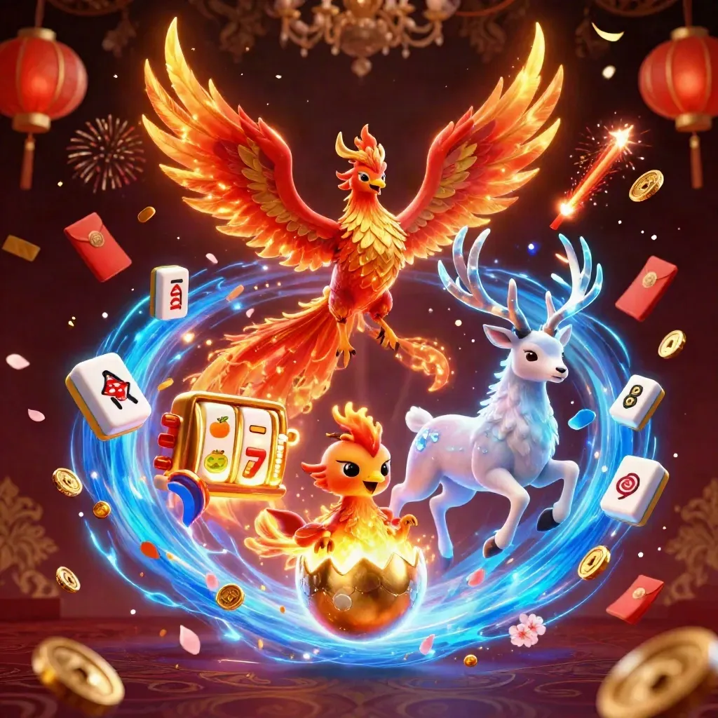 Phoenix, baby phoenix, and crystal stag amid casino gold, coins, lanterns, and blue-green sparks