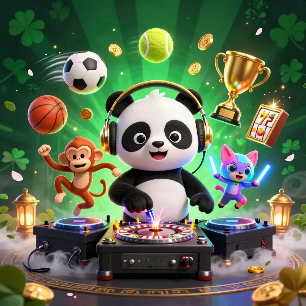 DJ panda, monkey, and glow-stick kitten amid sports balls, trophies, coins, and neon casino effects