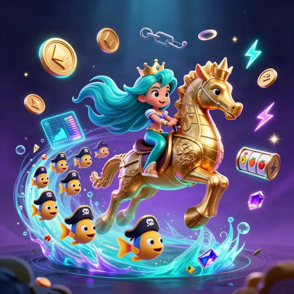 Mermaid princess rides an armoured seahorse amid neon coins, fish, and magic in deep blue glow.