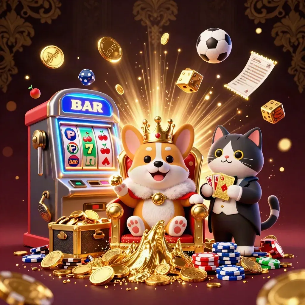 Royal corgi and cat butler amid jackpot coins, slot burst, gold, fireworks, and sports gear