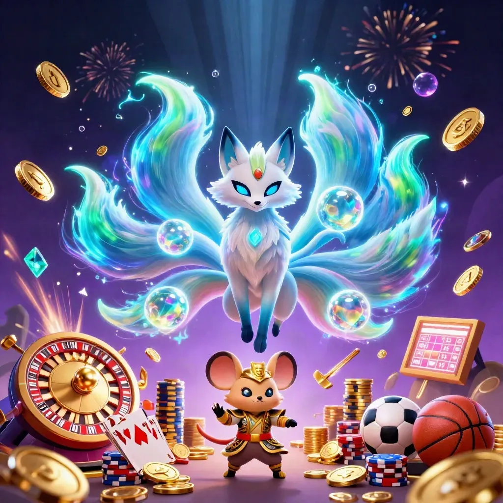Neon fox spirit and armored mouse amid coins, cards, chips, roulette, and sports props.