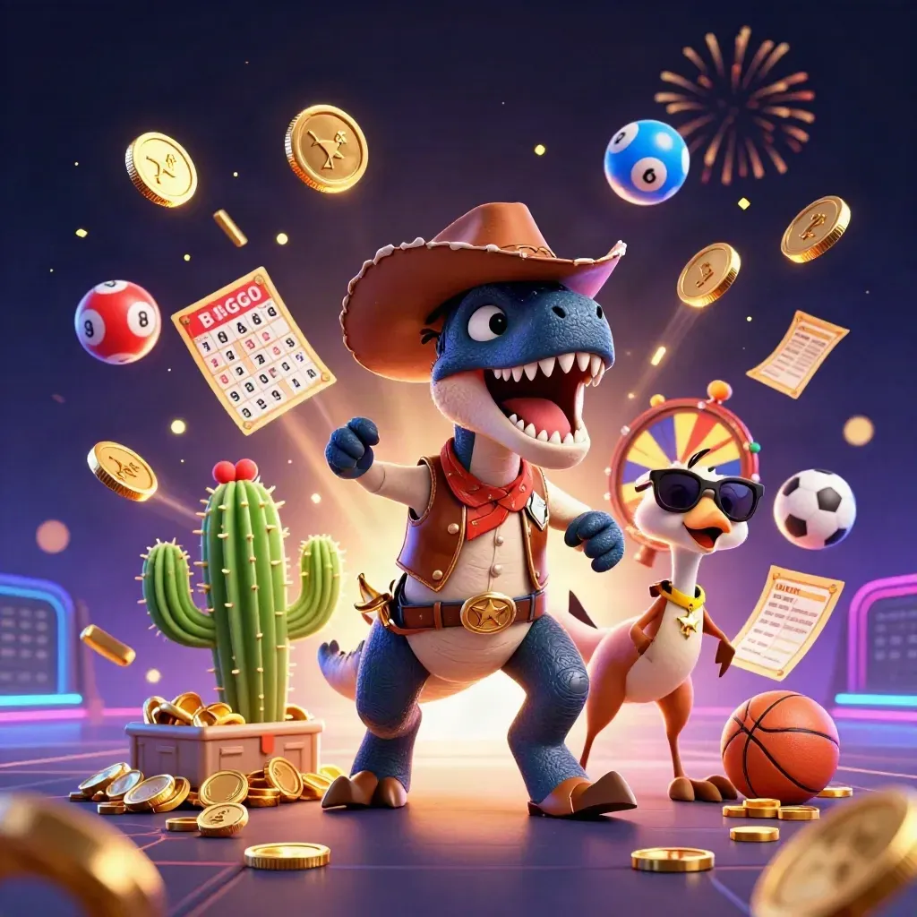 Cowboy T-Rex, cactus sidekick, and sheriff roadrunner burst from a glowing vault amid coins, balls, and fireworks.