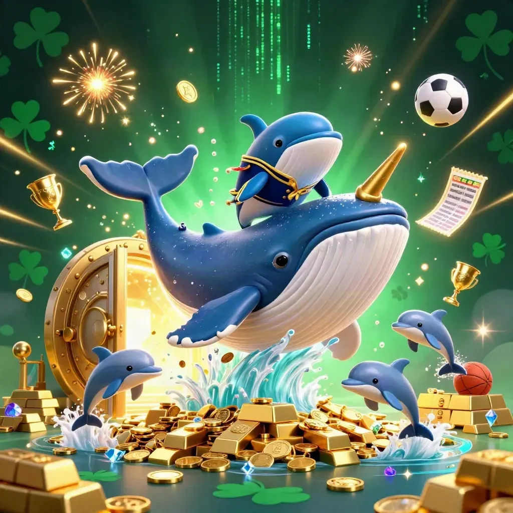 Whale captain, narwhal, and dolphins burst from a coin vault amid sports bets and gold.