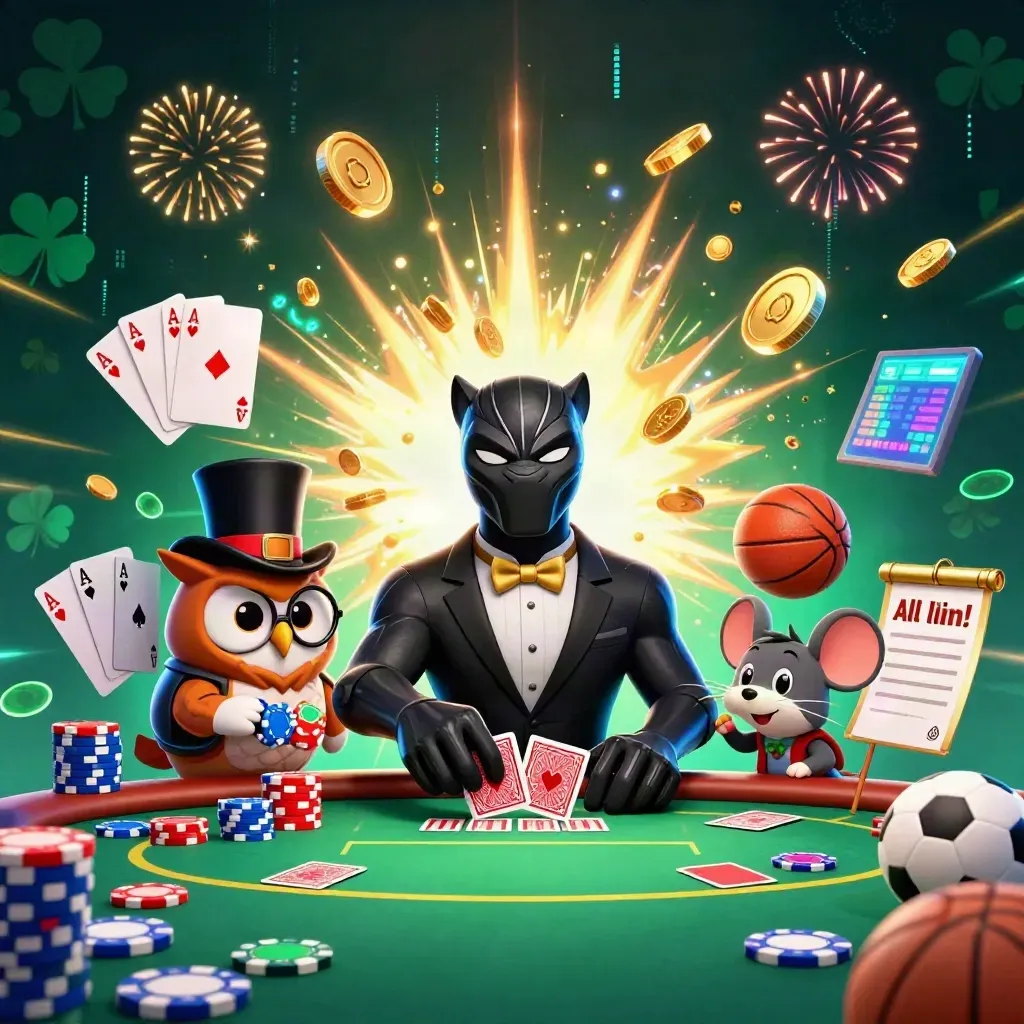 Black panther, owl, and mouse amid coins, chips, fireworks, and casino sports props