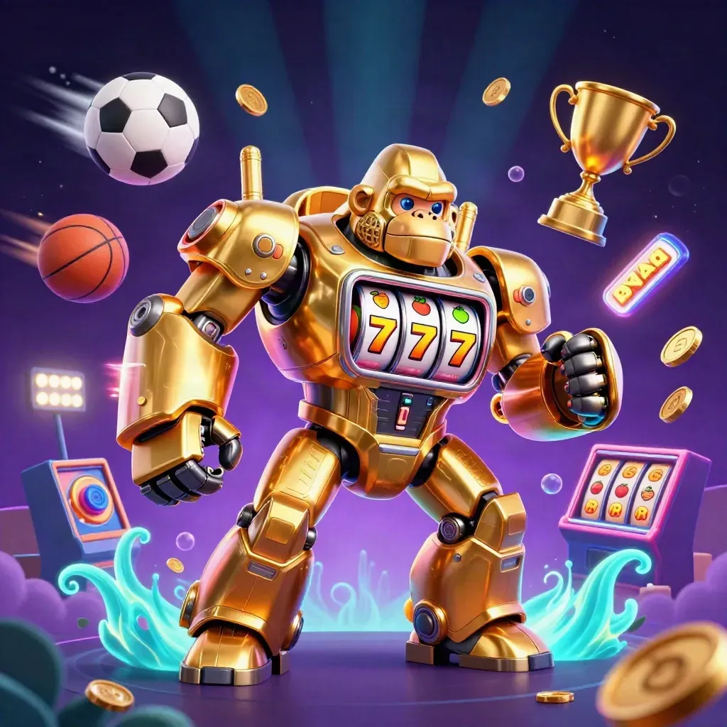 Golden gorilla slot-mech with monkey pilot amid sports balls, coins, trophy, and neon effects