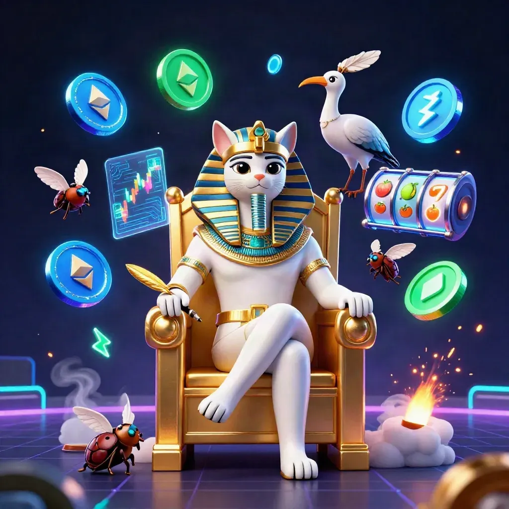 Pharaoh cat, ibis scribe, and gem-wing scarabs amid crypto coins and neon casino effects.
