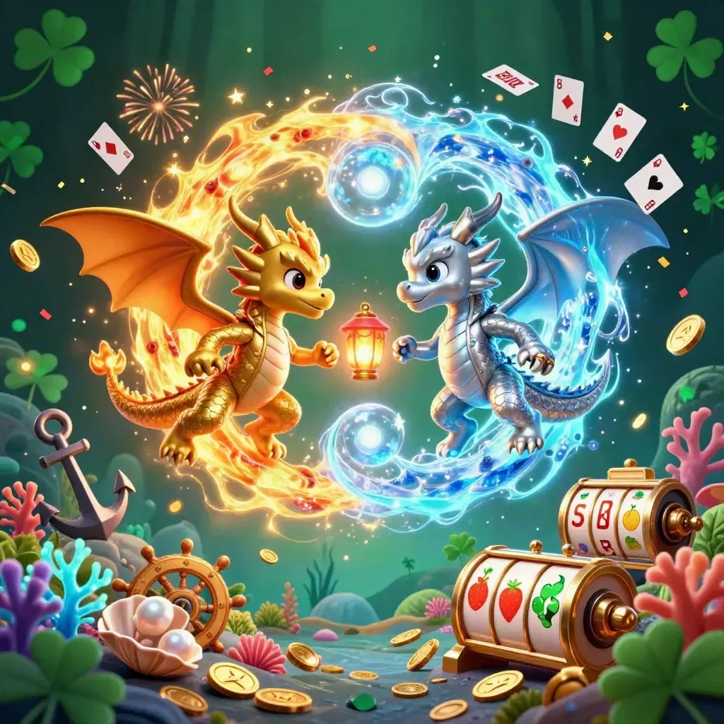 Gold and silver dragons spiral with fire and ice over treasure, cards, coral and casino sparks.