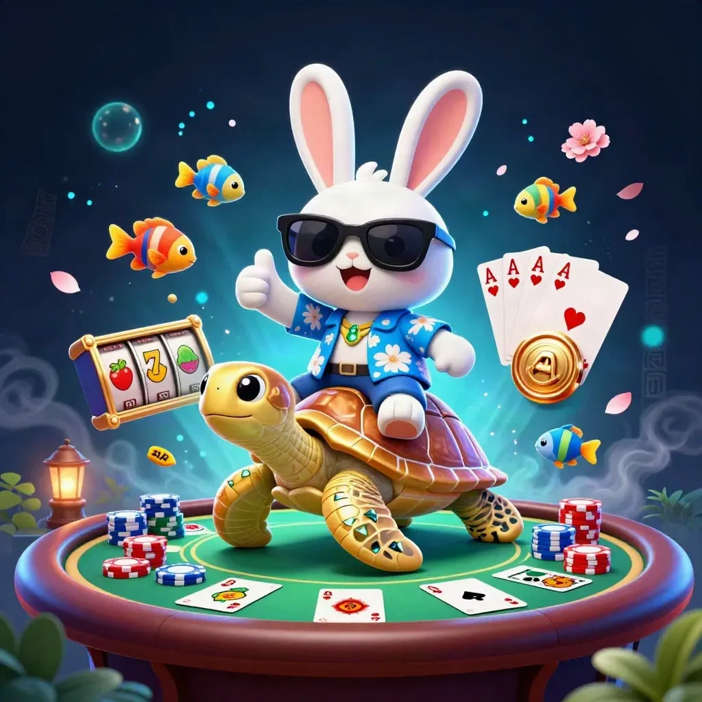 Lucky rabbit on a gem-shell sea turtle amid poker chips, cards, reels and neon casino effects.