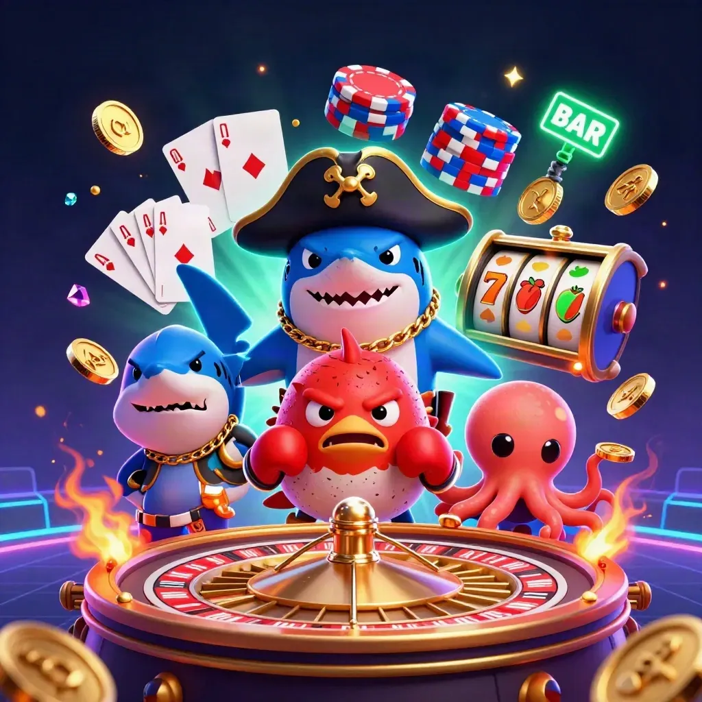 Cartoon pirate shark, boxing pufferfish, and coin-juggling octopus in neon casino chaos.
