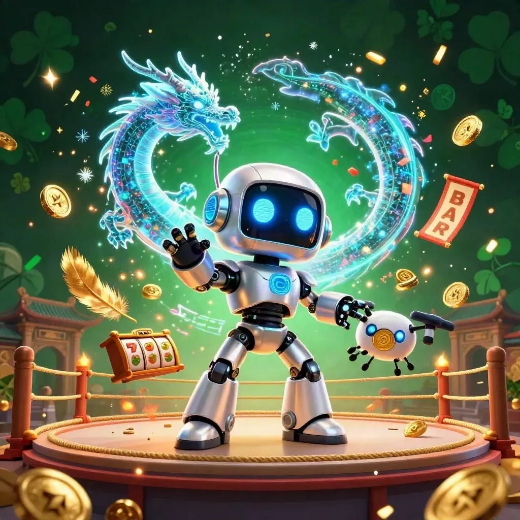 Robot mascot, holographic dragon and drone amid casino sparks, reels and gold coins.